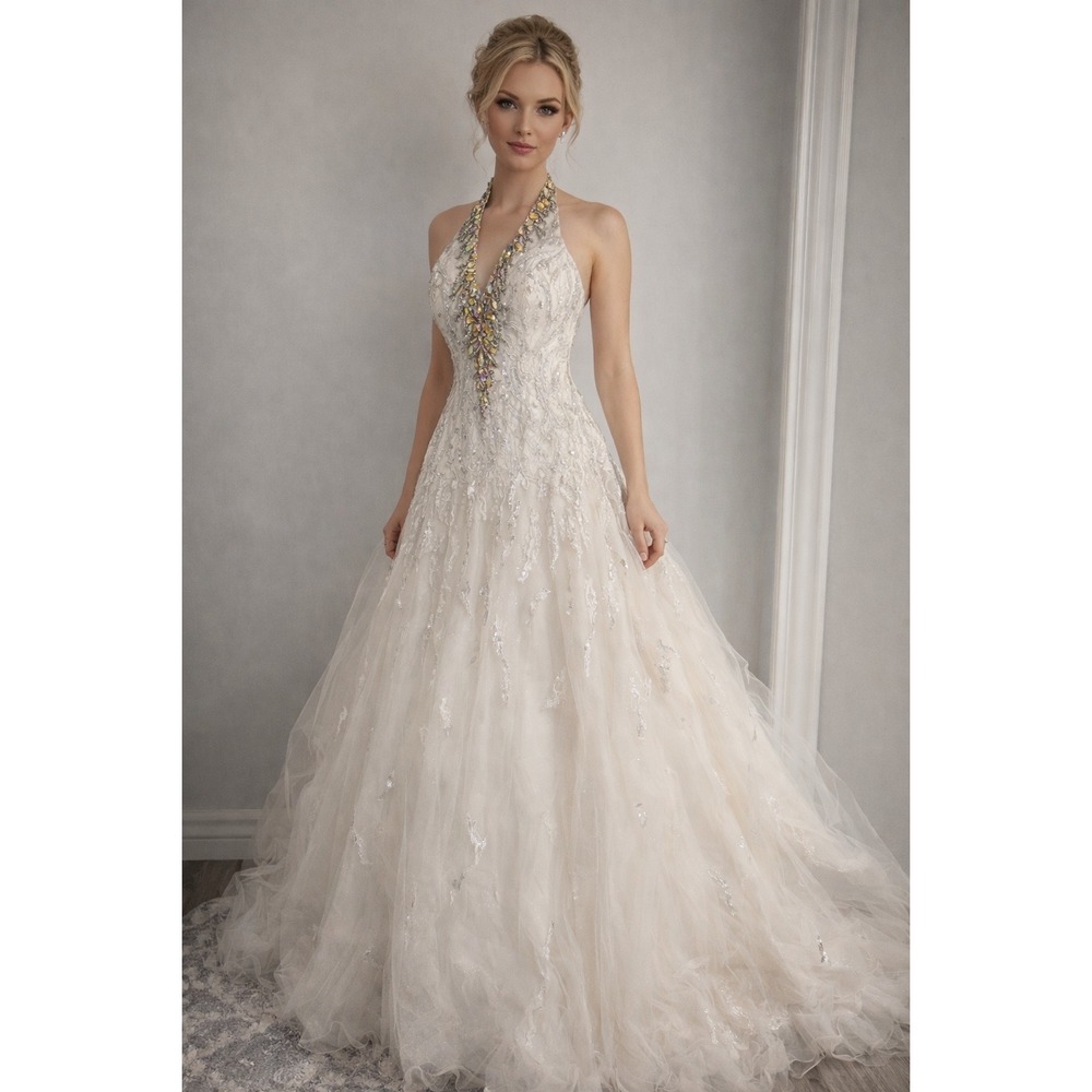 Precious Divas White Silver Sequin Crystal Halter Mermaid‎ Pageant Prom Dress 6